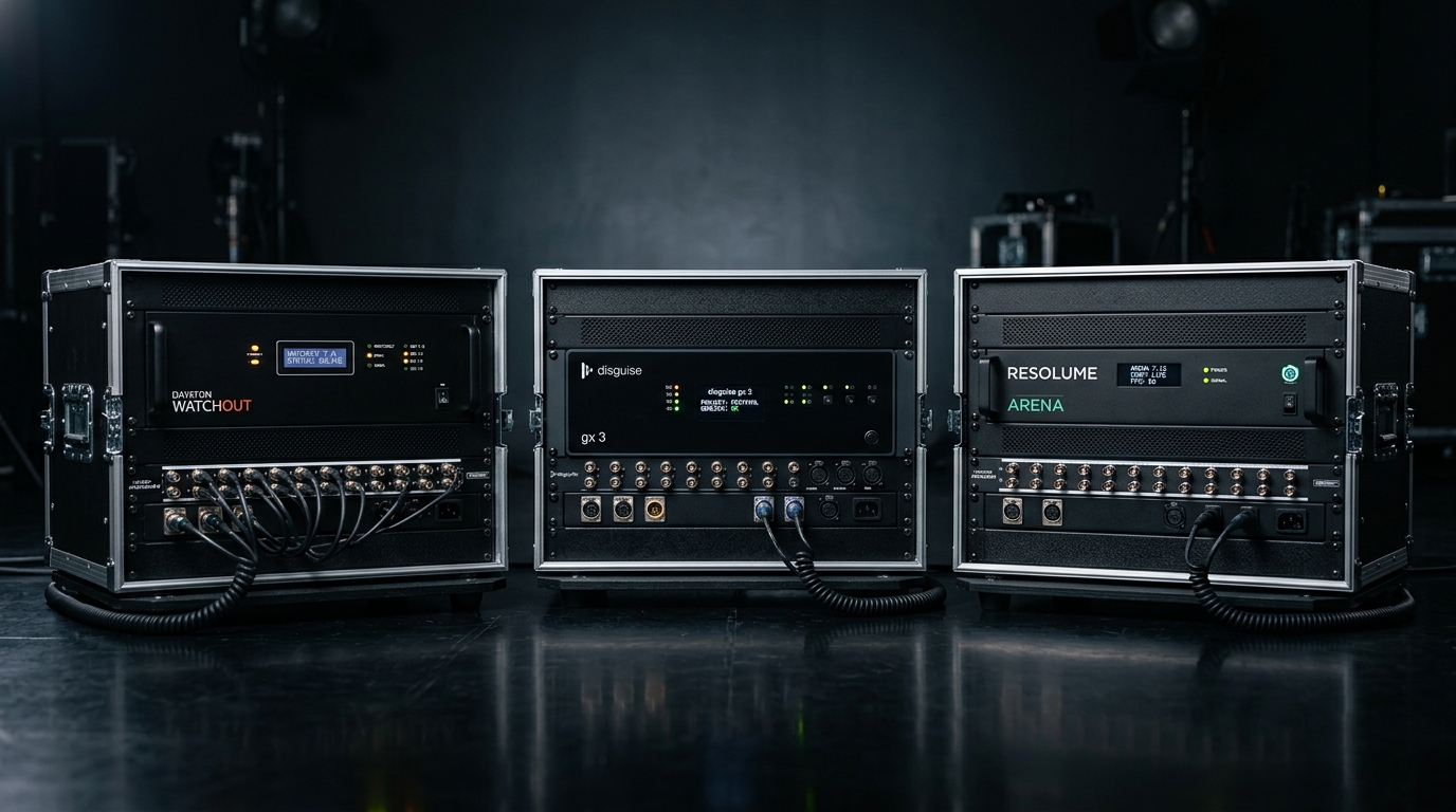 Dataton WATCHOUT, Disguise, and Resolume Arena media server flight racks